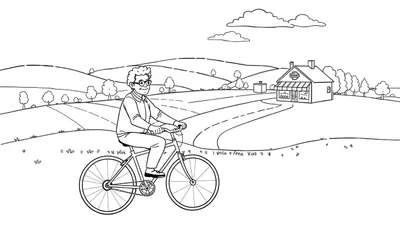 Zwart-wit kleurplaat van een lachende oudere man op een fiets in een landelijk landschap met heuvels, bomen en een winkel.