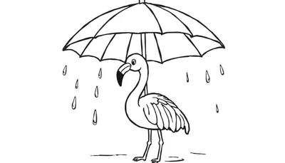 Zwart-wit lijntekening van een flamingo die rechtop staat onder een paraplu terwijl het regent. Regendruppels zijn zichtbaar rondom.
