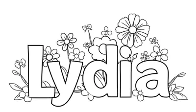 Zwart-wit kleurplaat van de naam 'Lydia' met bloemen en blaadjes.