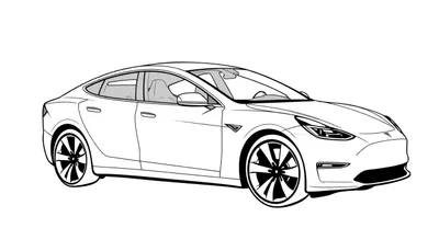 Zwart-wit lijntekening van een moderne auto, waarschijnlijk een Tesla Model 3, in driekwart vooraanzicht met gedetailleerde velgen en effen witte achtergrond.
