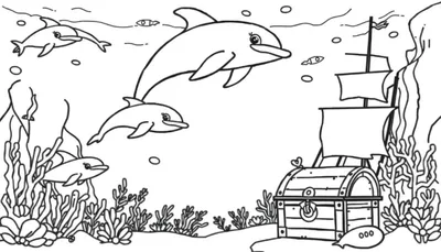 Zwart-witte kleurplaat van een onderwaterlandschap met vijf dolfijnen, zeewier, koraal, een gezonken schip en een schatkist met de tekst 'ooo'.