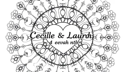 Kleurplaat van een mandala met een hart in het midden waarin 'Cecille & Laurh 4 eevah ntb' staat, omringd door bloem- en bladmotieven.