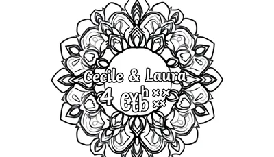 Zwart-wit mandala kleurplaat met symmetrische patronen, de tekst 'Cecile & Laura' en '4€tbʰ xx' in het midden, op een witte achtergrond.