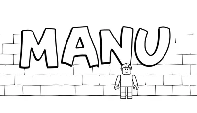 Kleurplaat met de naam MANU boven een Lego-stijl figuurtje voor een bakstenen muur.