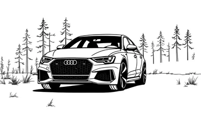 Zwart-wit minimalistische kleurplaat van een sportieve Audi auto met vierringenlogo, afgebeeld in een bosrijke omgeving.