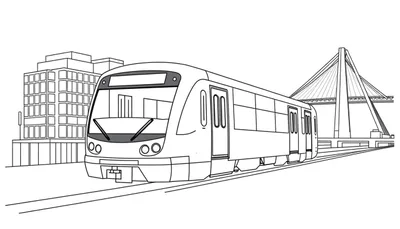 Zwart-wit lijntekening van een moderne metro in een stedelijke omgeving met gebouwen en een tuibrug.