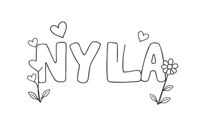 Kleurplaat van de naam NYLA in dikke bellenletters, met decoraties zoals hartjes en bloemen.