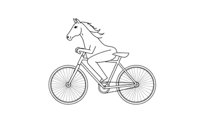 Zwart-wit lijntekening van een paard met menselijke ledematen dat op een fiets zit en trapt, met een witte achtergrond.