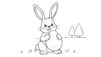 Zwart-wit tekening van een cartoon paashaas die een paasei vasthoudt, met bomen, gras en een zonnetje.