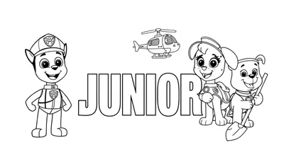 Kleurplaat van de Paw Patrol puppy's Chase, Skye en Rubble. Chase staat links in uniform, de tekst 'JUNIOR' staat in het midden, en boven de tekst zweeft een helikopter. Skye met pilotenpet en rugzak en Rubble met schep staan rechts.