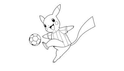 Kleurplaat van Pikachu die voetbal schopt met een grote lach.