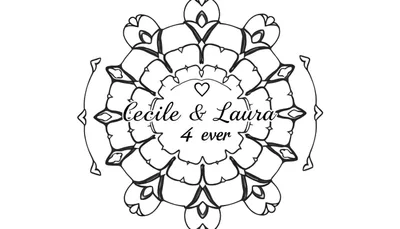 Zwart-witte mandala kleurplaat met tekst 'Cecile & Laura 4 ever' en een hartje.