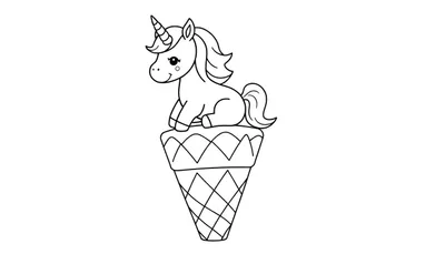 Zwart-wit lijntekening van een lachende eenhoorn met een spiraalhoorn, zittend op een ijshoorntje met wafel- en zigzagpatroon.
