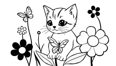 Kleurplaat van een schattig cartoon poesje met grote ogen dat vriendelijk kijkt, zittend tussen bloemen en bladeren. Een vlinder zit op zijn voorpootjes. Twee andere vlinders vliegen rondom. Zwart-wit lijntekening.