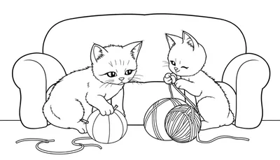 Zwart-wit tekening van twee schattige katjes die spelen met rollen wol rondom een bank.