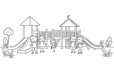 Zwart-wit lijntekening van een speeltuin met zes blije kinderen die spelen rondom twee speeltoestellen met glijbanen en trapjes.