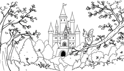 Zwart-wit lijntekening van een sprookjesachtig kasteel met spitse torens, vlaggen, omringd door bomen, met een elfje op een tak en een pad naar de ingang.