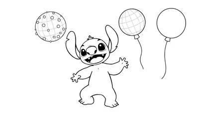 Kleurplaat van Stitch die enthousiast lacht, met een bolvormig object lijkend op een planeet links en twee ballonnen rechtsboven.