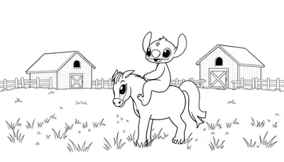 Zwart-wit lijntekening van Stitch van Lilo & Stitch die op een paard rijdt, met houten schuren op de achtergrond.