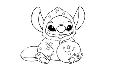 Lijntekening van Stitch met een sterren hoodie en een Dragon Ball