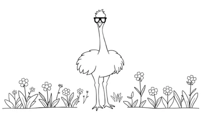 Kleurplaat van een struisvogel met bril en bloemen