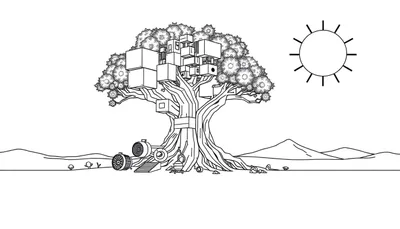 Zwart-wit lijntekening van een surrealistische boom met kubusvormige structuren aan de stam en takken. Er liggen mechanische objecten aan de voet van de boom en op de grond. Een gestileerde zon is zichtbaar in de lucht boven glooiende heuvels.
