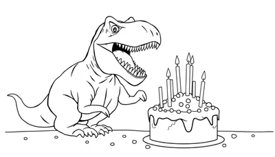 Kleurplaat van een T-Rex dinosaurus die met open bek naar een verjaardagstaart met zeven brandende kaarsjes kijkt.