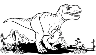 Kleurplaat van een vriendelijke Tyrannosaurus Rex met een open bek en grote ogen, staand in een prehistorisch landschap met bergen, vulkanen en bomen.