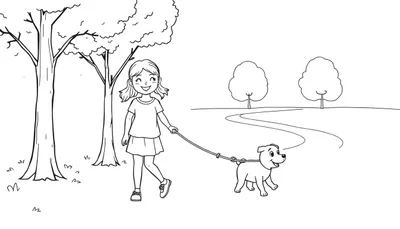 Kleurplaat van een lachend meisje met kort haar dat een hondenriem vasthoudt, wandelend met haar blije hondje door een park met bomen en een pad.