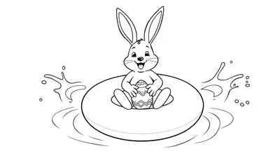 Een zwart-wit lijntekening van een blij konijntje in een zwemband op het water met een paasei.