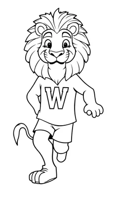 Een zwart-wit tekening van een cartoonachtige leeuw die rent, met een T-shirt met de letter 'W'.