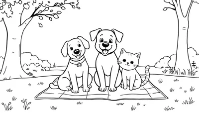 Zwart-wit kleurplaat van twee blije honden en een kat die samen lachen op een geruit picknickkleed in het gras. Twee bomen staan op de achtergrond.