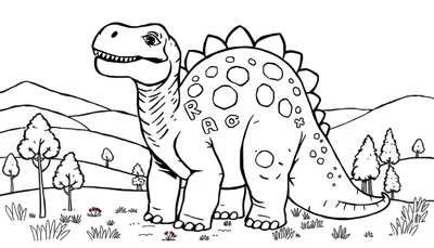 Zwart-wit kleurplaat van een vrolijke, robuuste dinosaurus met vlekken en stekels op zijn rug, staand in een landschap met heuvels, bomen en bloemen.