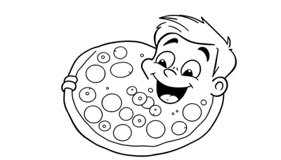 Kleurplaat: een blije jongen met open mond en stekelig haar kijkt lachend over een grote, ronde pizza met cirkelvormige toppings.