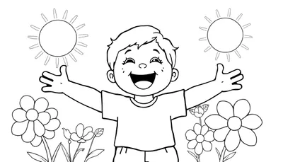 Zwart-wit kleurplaat van een lachend kind met armen wijd, twee zonnen en bloemen.