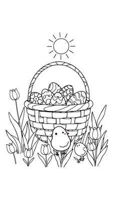 Zwart-wit lijntekening van een paasmand gevuld met versierde paaseieren, omringd door tulpen en twee kuikentjes.