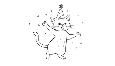 Een zwart-wit lijntekening van een vrolijke, dansende cartoonkat met een feestmuts en confetti om zich heen.