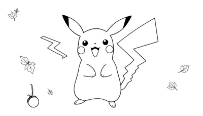 Kleurplaat van Pikachu die vrolijk lacht, omringd door bladeren en bliksemschichten.