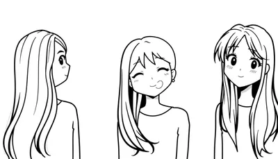 Kleurplaat van drie anime meisjes met lang haar, elk met een eigen expressie: een rustige, een speelse en een vriendelijke lachende. Ze staan voor een witte achtergrond.