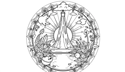 Zwart-wit kleurplaat met een hoge berg met een wolk erop, zon, planten, een pluizig wezentje, een besje met een gezichtje en een vogel, in een cirkelvormige mandala.