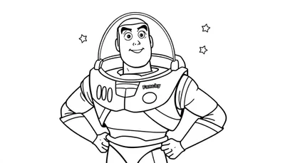 Lijntekening van Buzz Lightyear die frontaal staat met zijn handen in zijn zij, glimlachend, in zijn ruimtepak met helmkap open. Op zijn borst staat 'Fancly' en '000'. Drie kleine sterren zijn zichtbaar op de witte achtergrond.