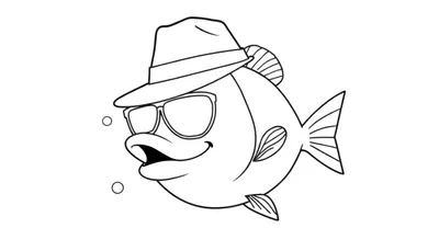 Kleurplaat van een cartoon vis met hoed en zonnebril, die blij lacht met bubbels.