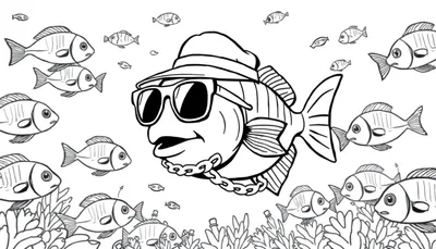 Zwart-wit tekening van een onderwaterwereld, kleurplaat, grote vis met zonnebril en ketting, kleine bange visjes, zeebodem met planten en flesjes.