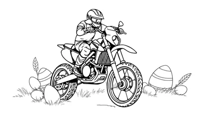 Kleurplaat van een motorrijder op een crossmotor met paaseieren in het gras.