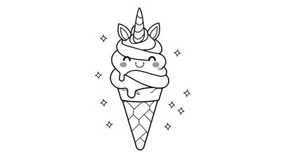 Een zwart-wit lijntekening van een schattig eenhoorn-ijsje in een wafelhoorntje, met een eenhoornhoorn, twee oortjes, een lachend gezichtje met blosjes en smeltend ijs. Kleine sterretjes zweven eromheen.