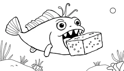 Kleurplaat van een cartoonvis die een blok kaas eet onder water, met zeewier en een luchtbel.