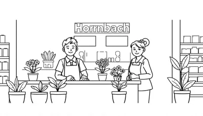 Kleurplaat van een Hornbach winkelinterieur met twee lachende medewerkers, planten op de toonbank en producten op schappen.