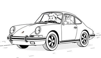 Kleurplaat van een klassieke sportwagen met een lachende jongen als bestuurder en een hond met bril als passagier.
