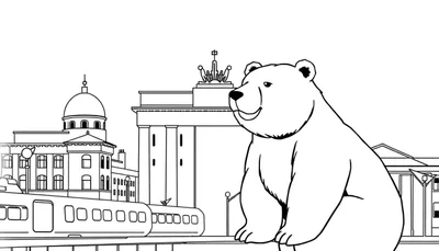 Zwart-wit lijntekening van een kleurplaat met een lachende cartoonbeer, de Brandenburger Tor, een gebouw met koepel en een stadstrein in Berlijn.