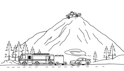 Kleurplaat van een berglandschap met een politieauto op de bergtop, dennenbomen, een brandweerwagen en een sportwagen.